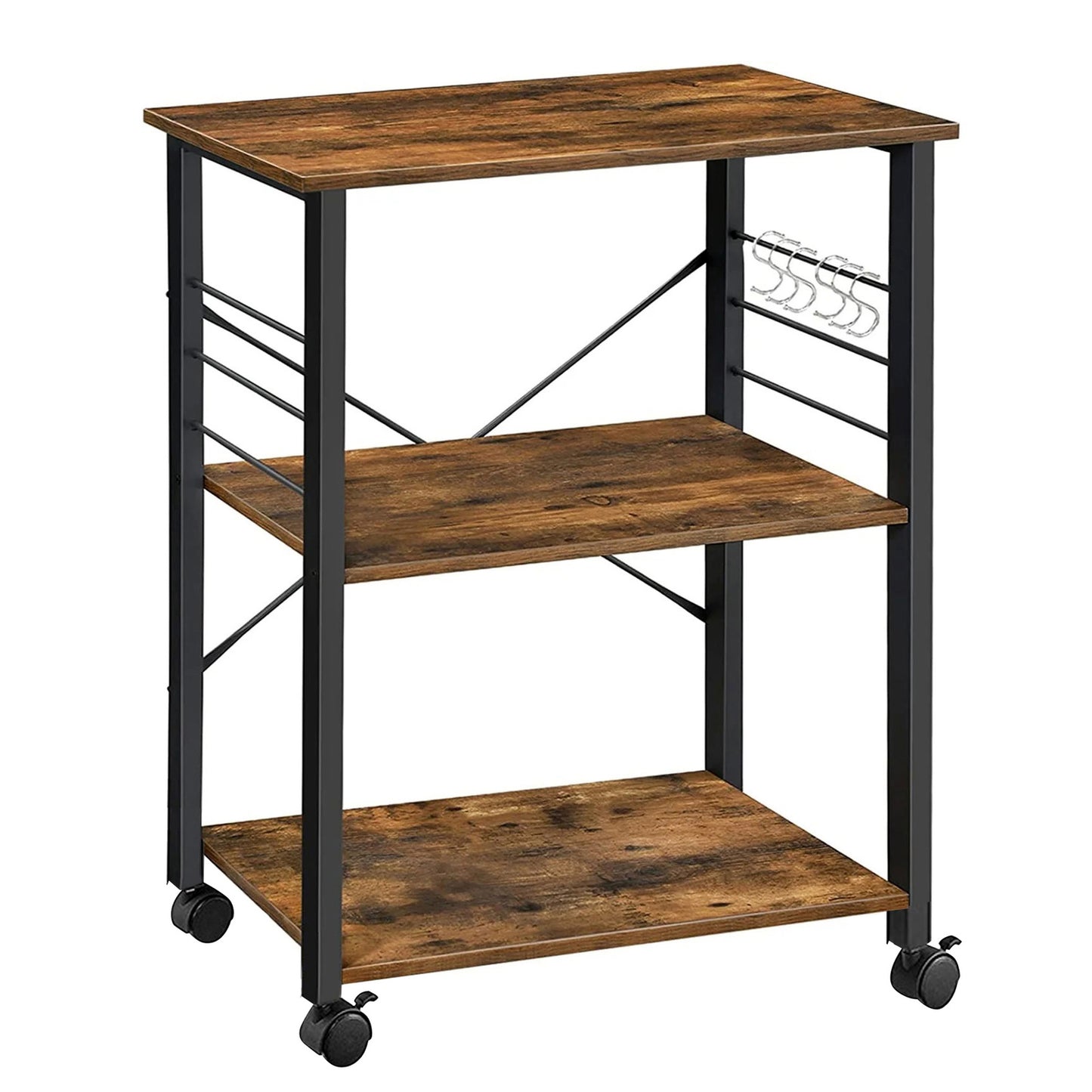 Deluxe Rustic Wood and Steel Multipurpose Utility Cart Storage Shelf Kitchen Trolley