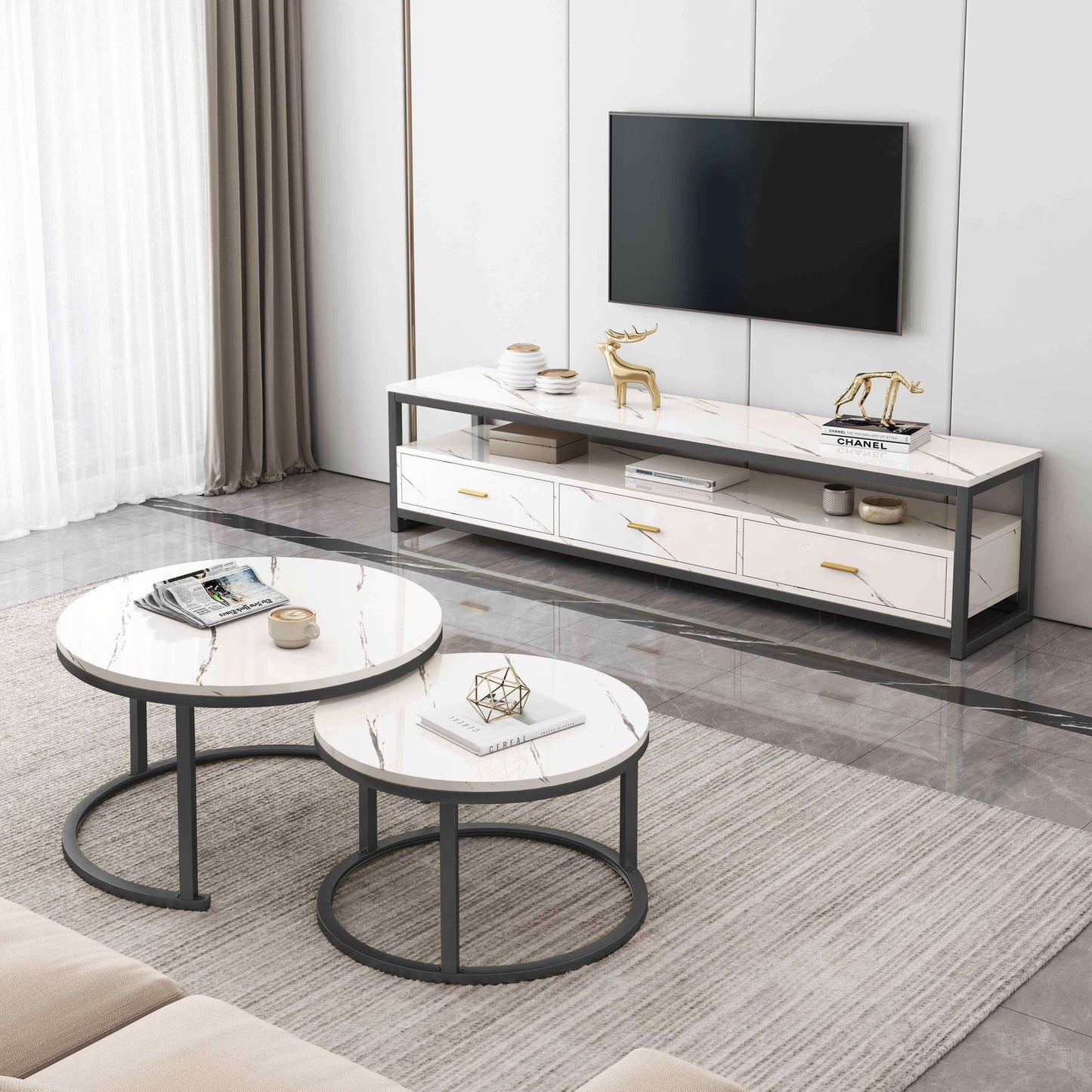 2-Piece Set Synergy Luxury Marble Look Coffee Table & TV Cabinet (White)