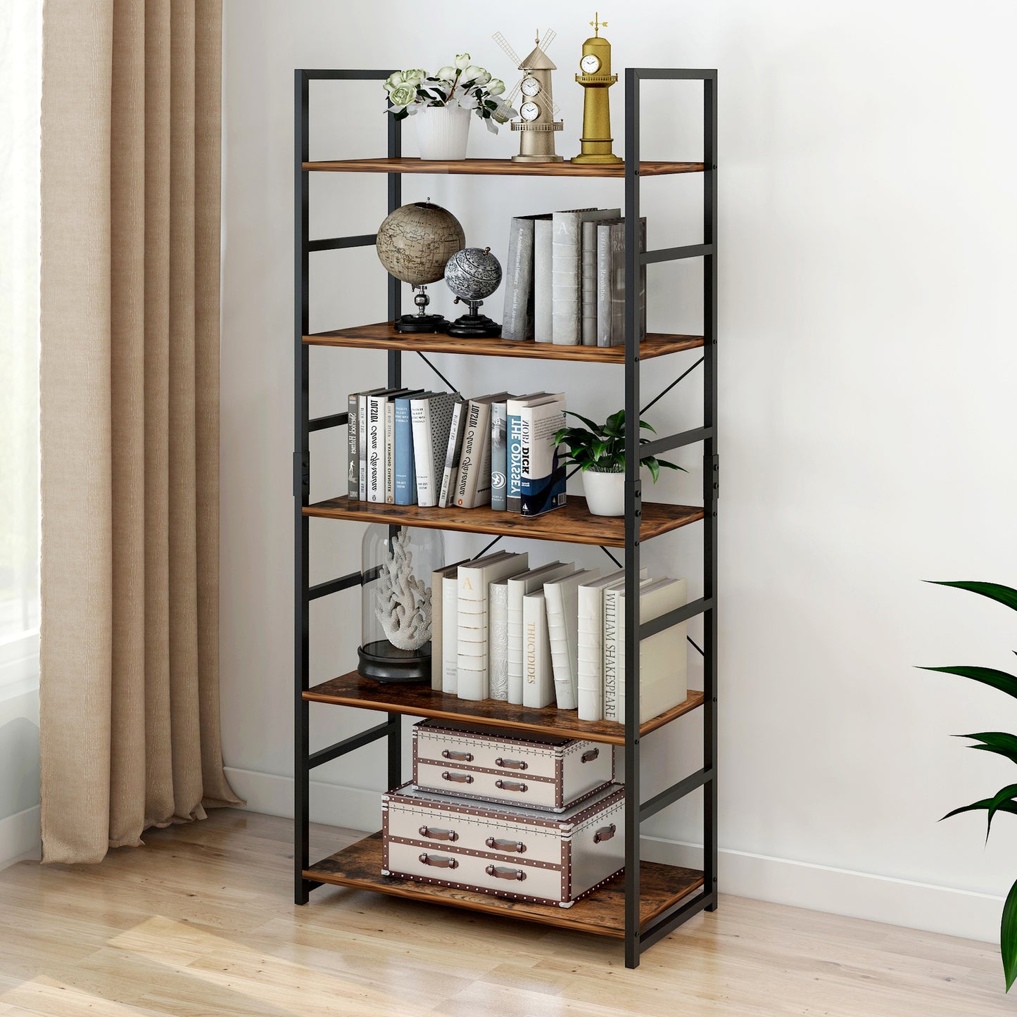Deluxe Rustic Wood and Steel 5 Tier Industrial Bookcase Storage Shelf