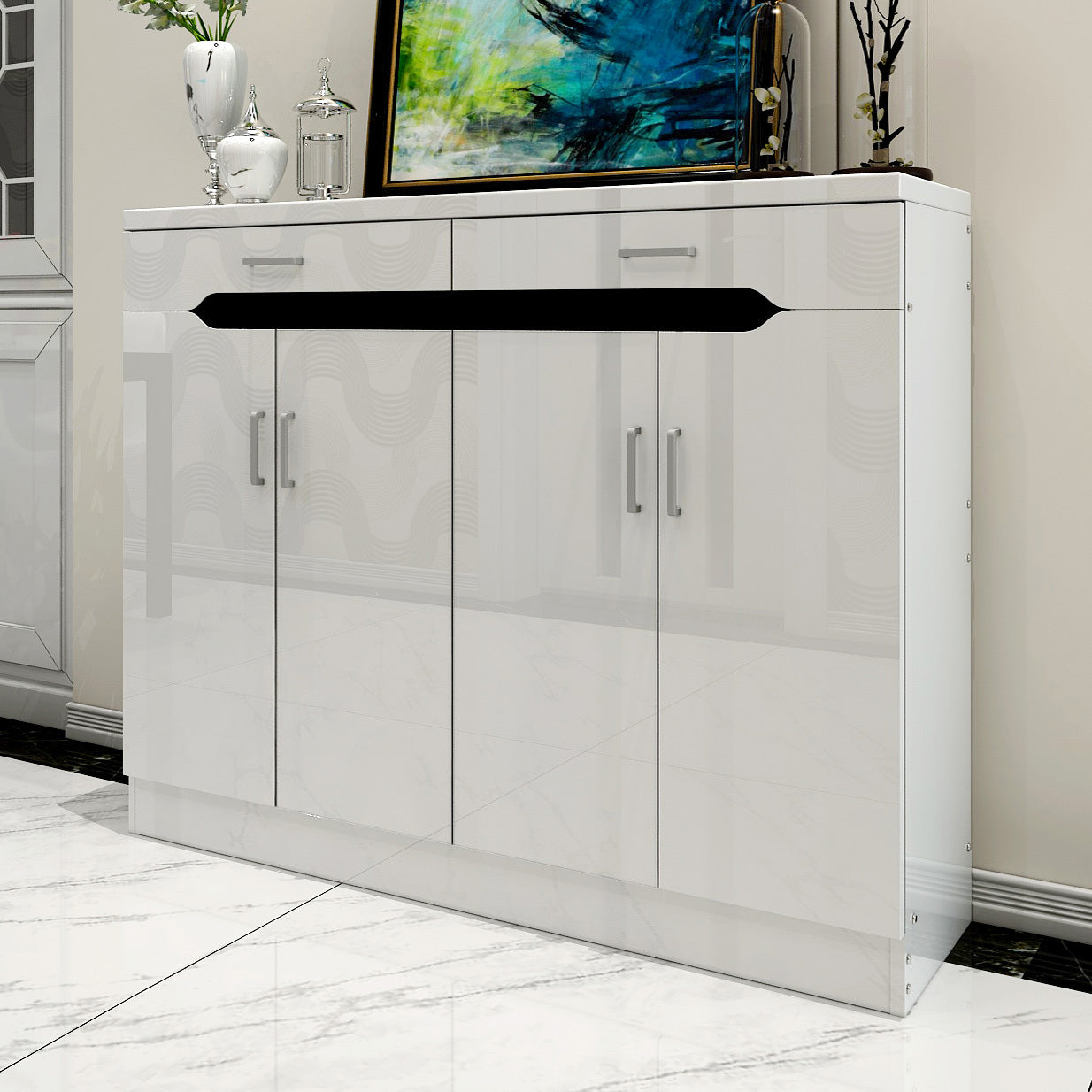 Luxe High Gloss 4-Door Double Buffet Shoe Storage Cabinet