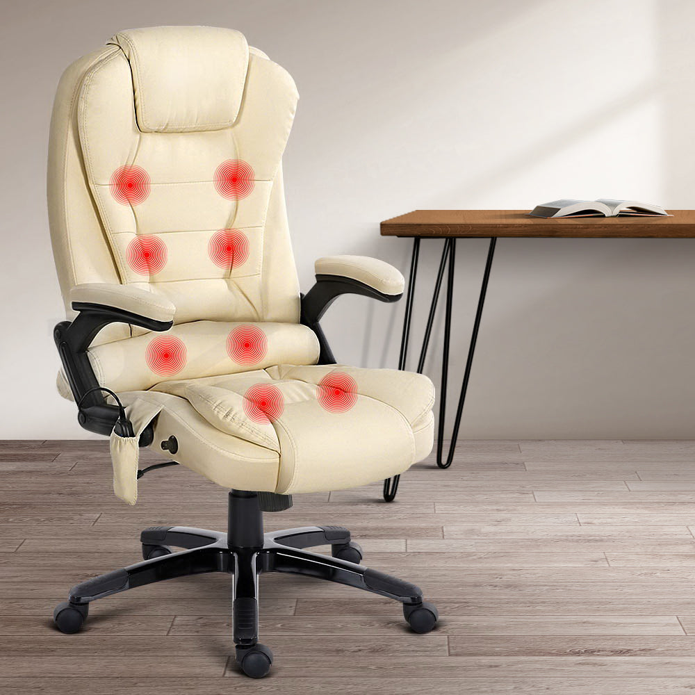 8 Point PU Leather Reclining Massage Chair - Beige