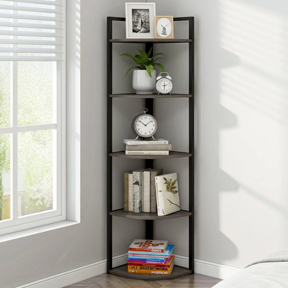 Optima 5 Tier Wood & Steel Corner Shelf Organizer Unit (Driftwood Grey)