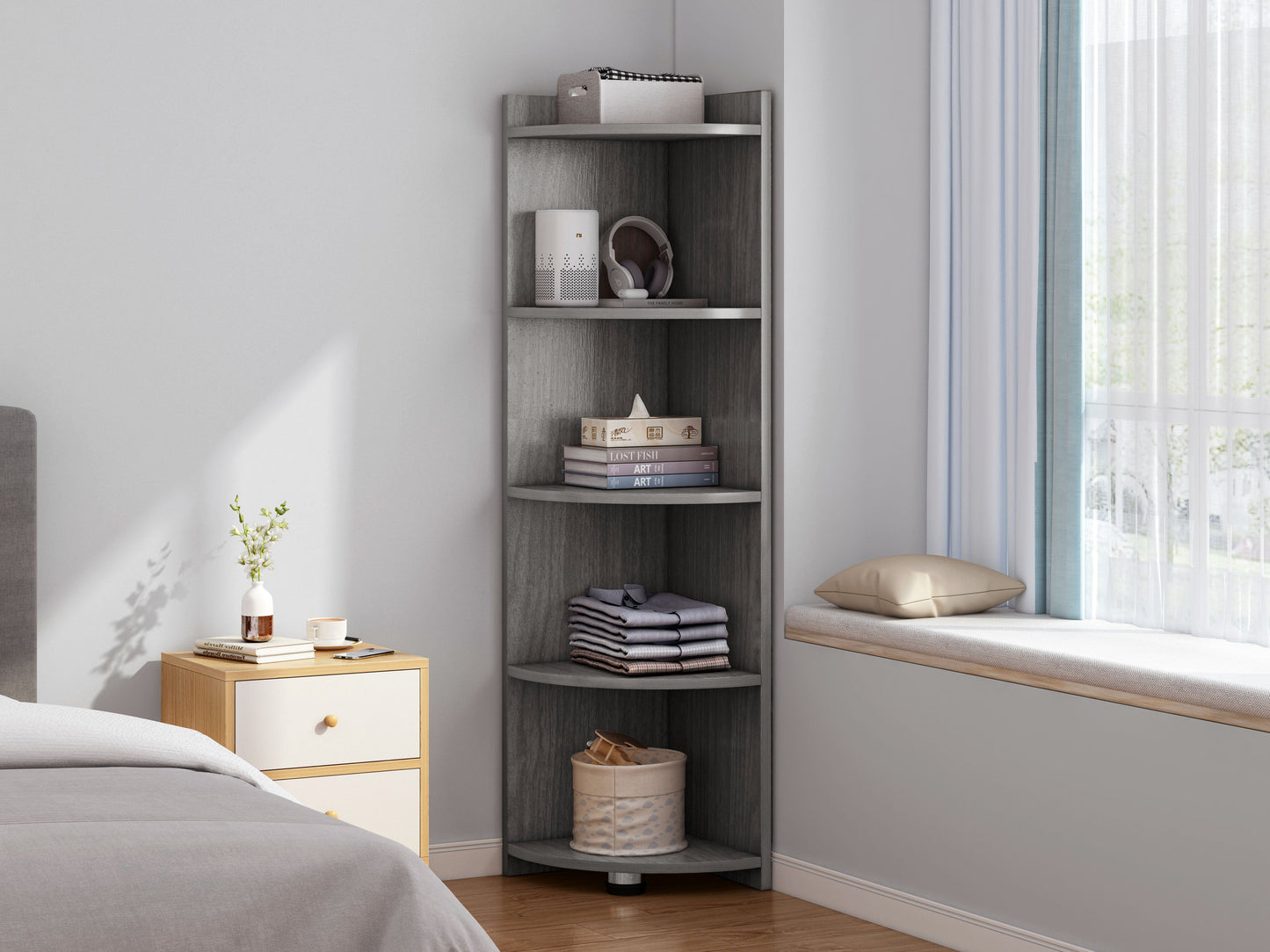 Inspire 5 Tier Stylish Wooden Corner Shelf Unit (Driftwood Grey)