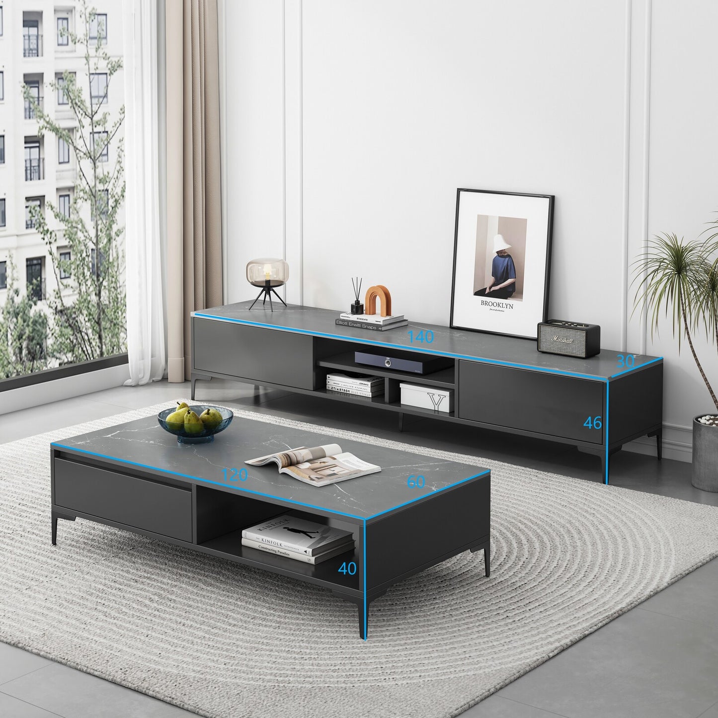 2-Piece Set Minimalist Coffee Table & TV Cabinet
