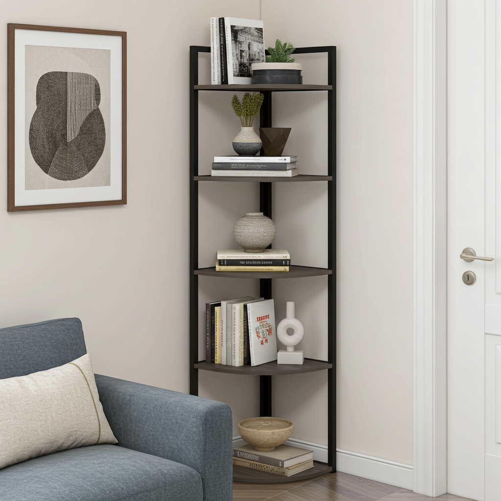 Optima 5 Tier Wood & Steel Corner Shelf Organizer Unit (Driftwood Grey)