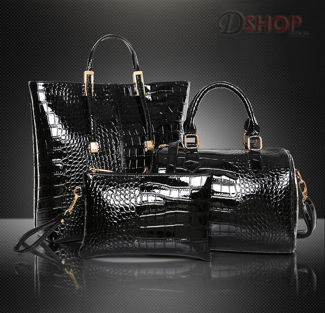 3 PCS Luxe Leather Handbag Set, Large Tote, Shoulder Bag, Clutch Purse Wallet (Black)