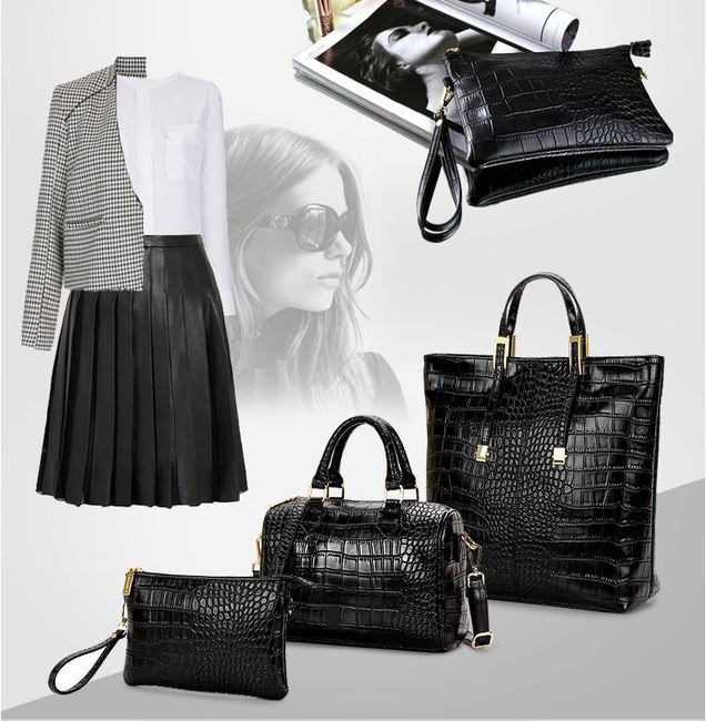 3 PCS Luxe Leather Handbag Set, Large Tote, Shoulder Bag, Clutch Purse Wallet (Black)