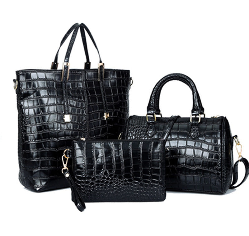 3 PCS Luxe Leather Handbag Set, Large Tote, Shoulder Bag, Clutch Purse Wallet (Black)