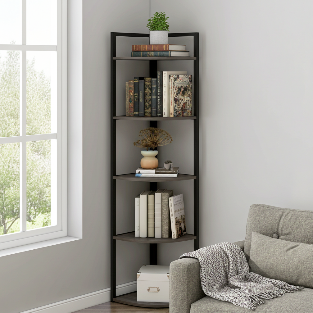 Optima 5 Tier Wood & Steel Corner Shelf Organizer Unit (Driftwood Grey)