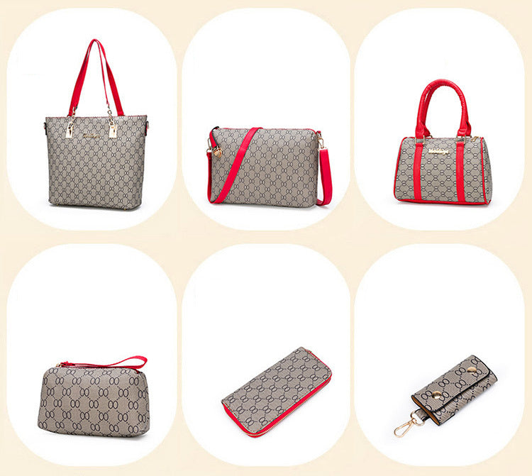 6 Pieces Designer Handbag Set Tote Shoulder Bag Clutch Purse Coin Wallet Red