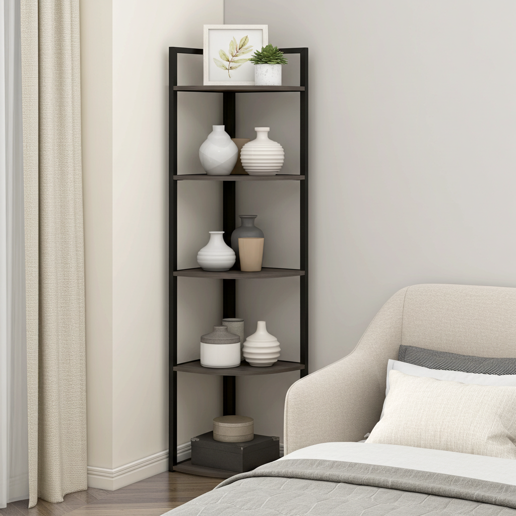 Optima 5 Tier Wood & Steel Corner Shelf Organizer Unit (Driftwood Grey)