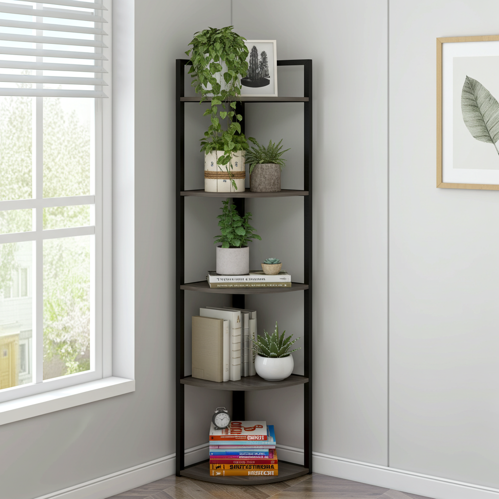 Optima 5 Tier Wood & Steel Corner Shelf Organizer Unit (Driftwood Grey)