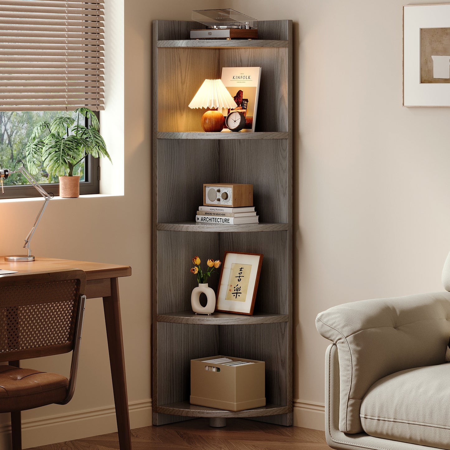 Inspire 5 Tier Stylish Wooden Corner Shelf Unit (Driftwood Grey)