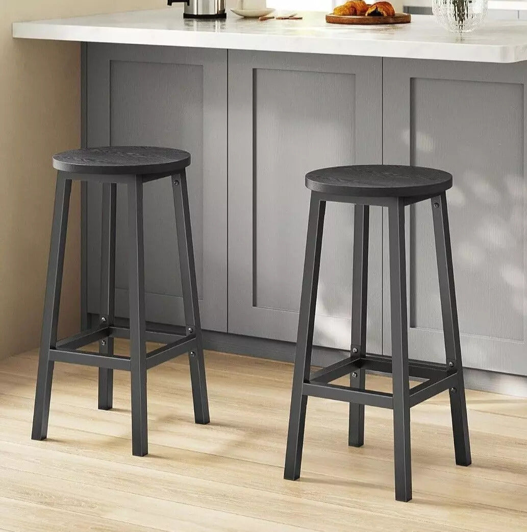2 x Modern Industrial Bar Stools Black Wood & Metal Kitchen Counter Seating