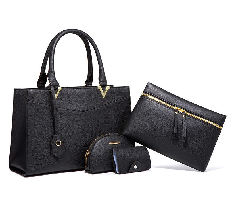 4 PCS Deluxe Faux Leather Handbag Set, Tote, Shoulder Bag, Clutch Purse Wallet & Coin Bag (Black)