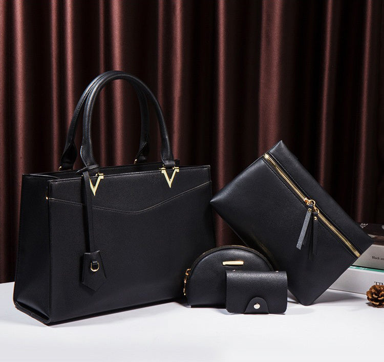 4 PCS Deluxe Faux Leather Handbag Set, Tote, Shoulder Bag, Clutch Purse Wallet & Coin Bag (Black)