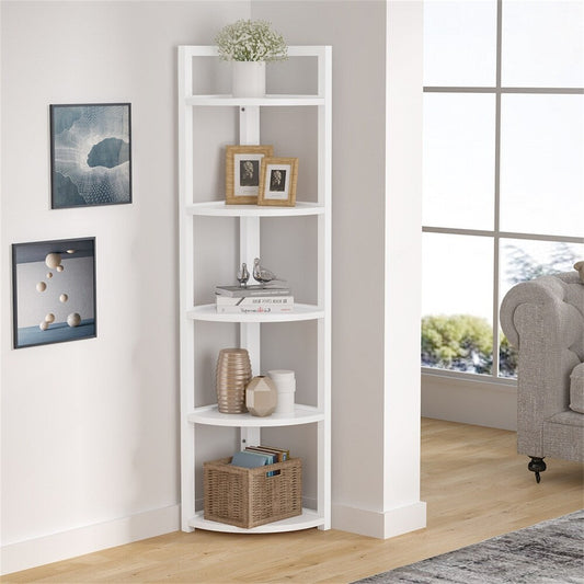 Optima 5 Tier Wood & Steel Corner Shelf Organizer Unit (White)
