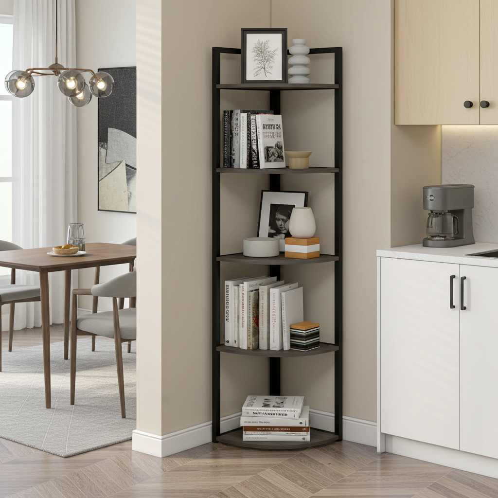 Optima 5 Tier Wood & Steel Corner Shelf Organizer Unit (Driftwood Grey)