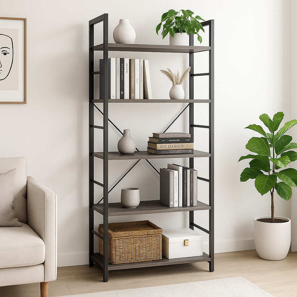 5 Tier Multifunction Heavy Duty Bookcase Wood & Steel Storage Shelf Organizer (Driftwood Grey)