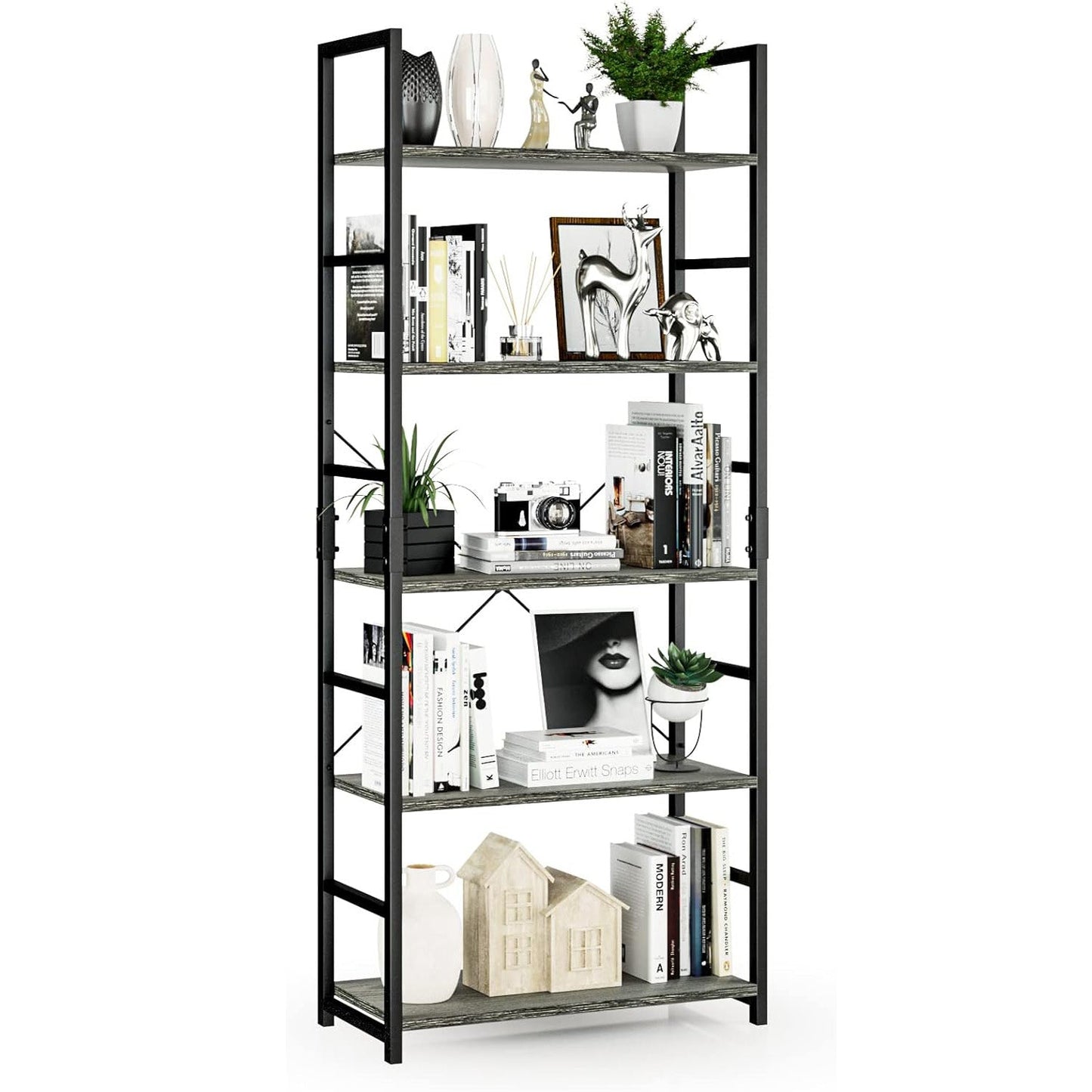 5 Tier Multifunction Heavy Duty Bookcase Wood & Steel Storage Shelf Organizer (Driftwood Grey)