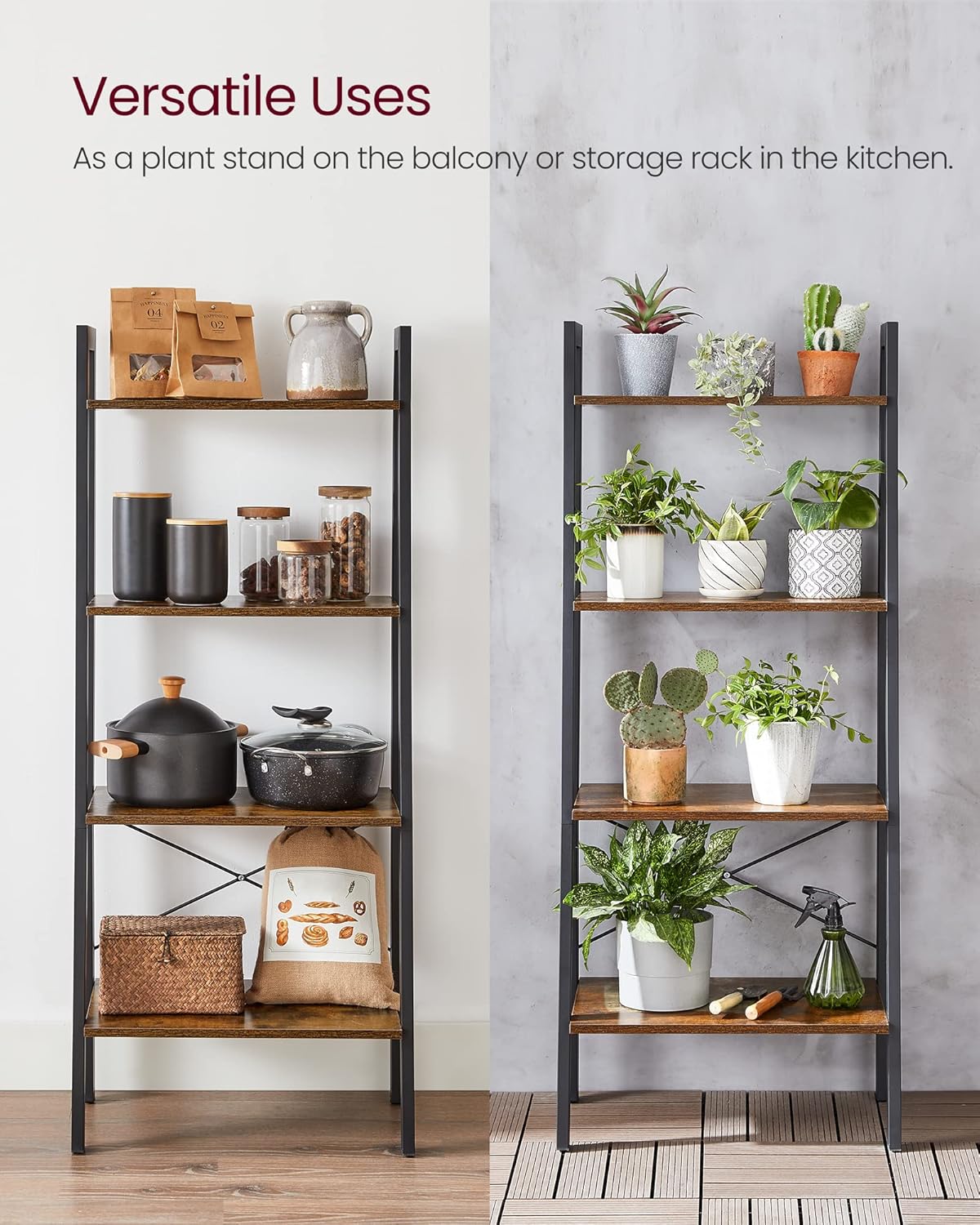 Elevate Rustic Wood & Metal 4-Tier Ladder Shelf Bookcase Storage Organizer