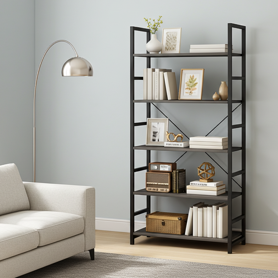 5 Tier Multifunction Heavy Duty Bookcase Wood & Steel Storage Shelf Organizer (Driftwood Grey)