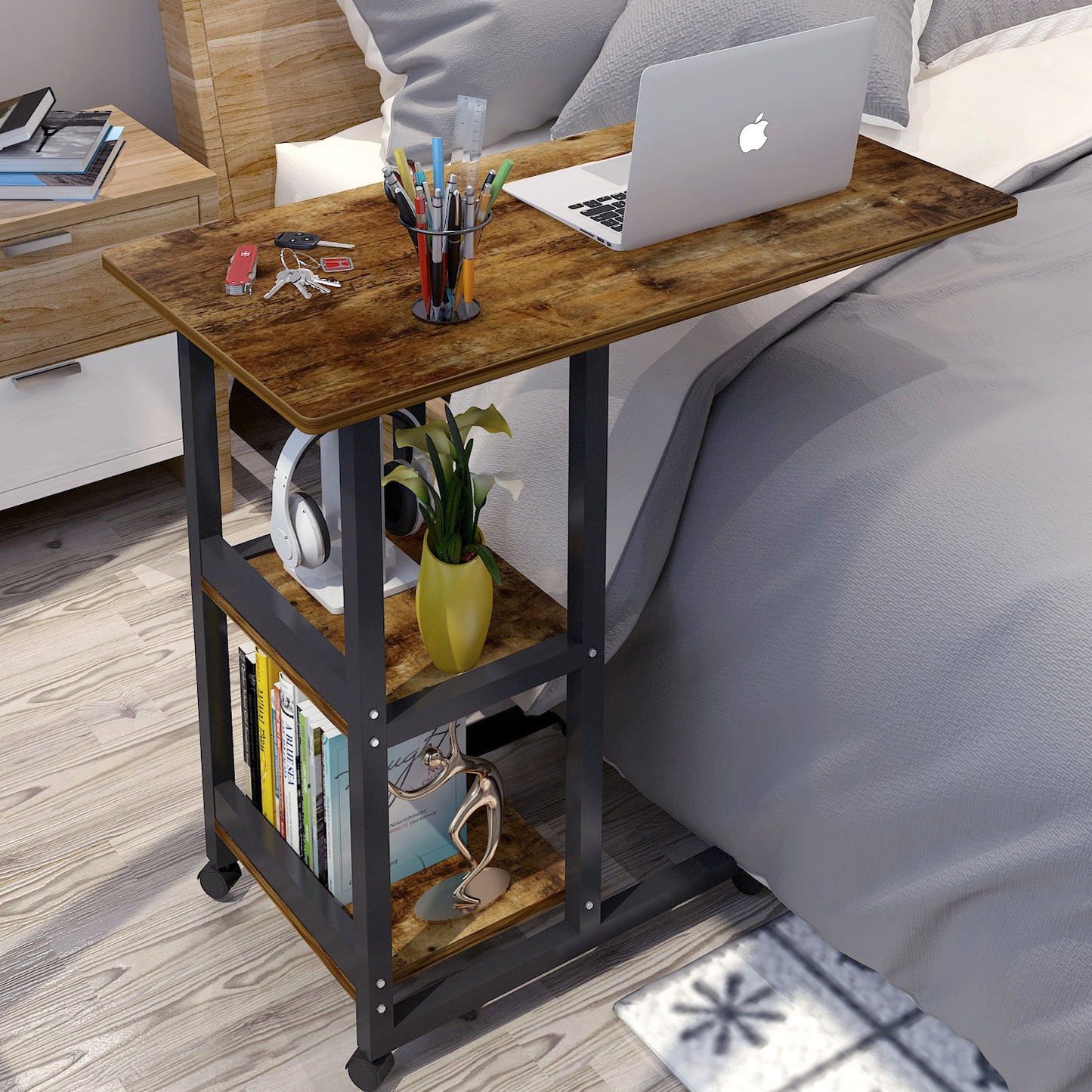 Large Supreme Rustic Sofa Bed Side Table Laptop Desk with Shelves & Wheels