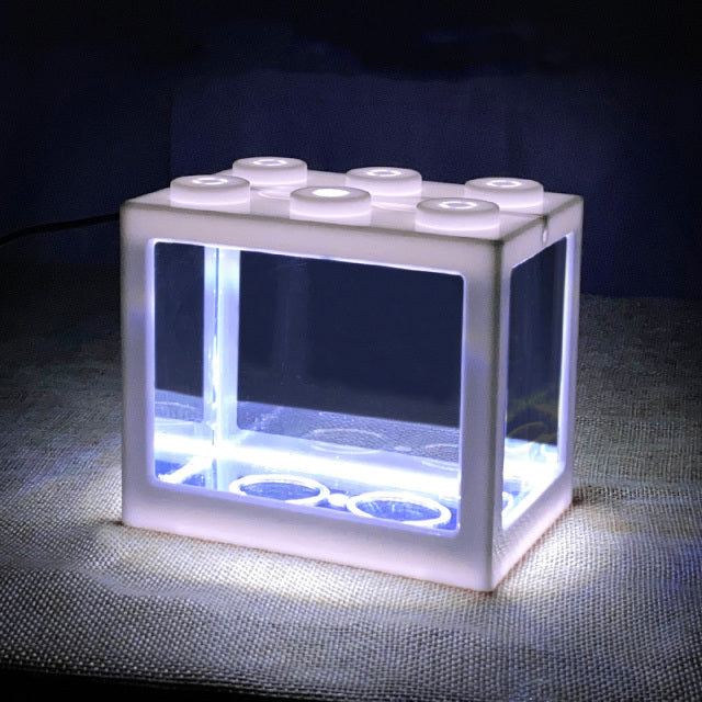 Mini Fish Tank Desktop Building Block Aquarium with LED (White)