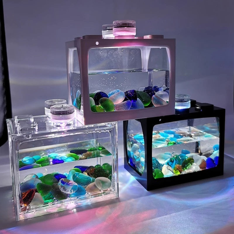 Mini Fish Tank Desktop Building Block Aquarium with LED (White)