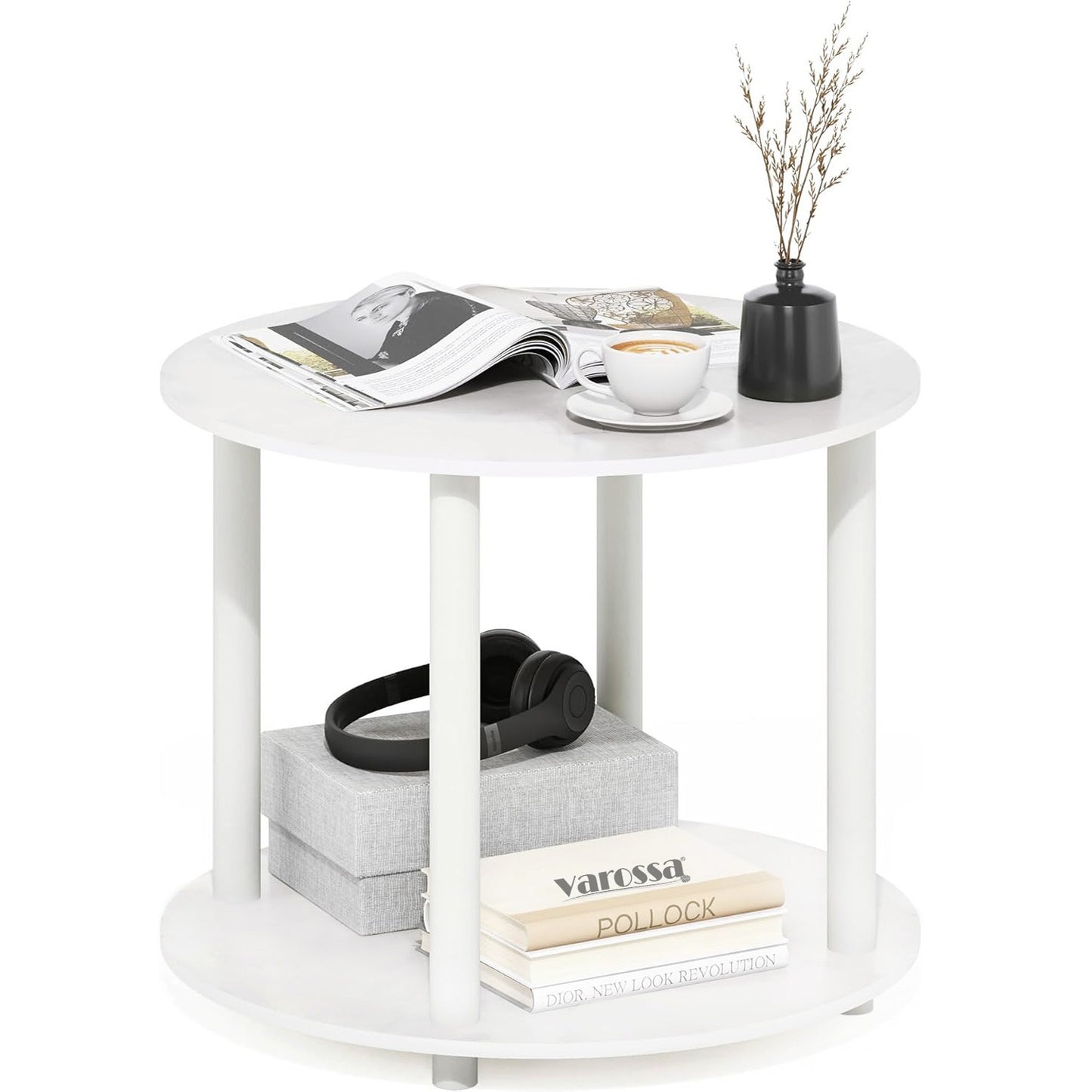 Gem Round White Wood Metal Round End Coffee Table with Storage Shelf