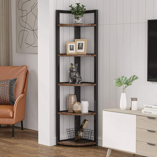 Optima 5 Tier Rustic Wood & Steel Corner Shelf Organizer Unit