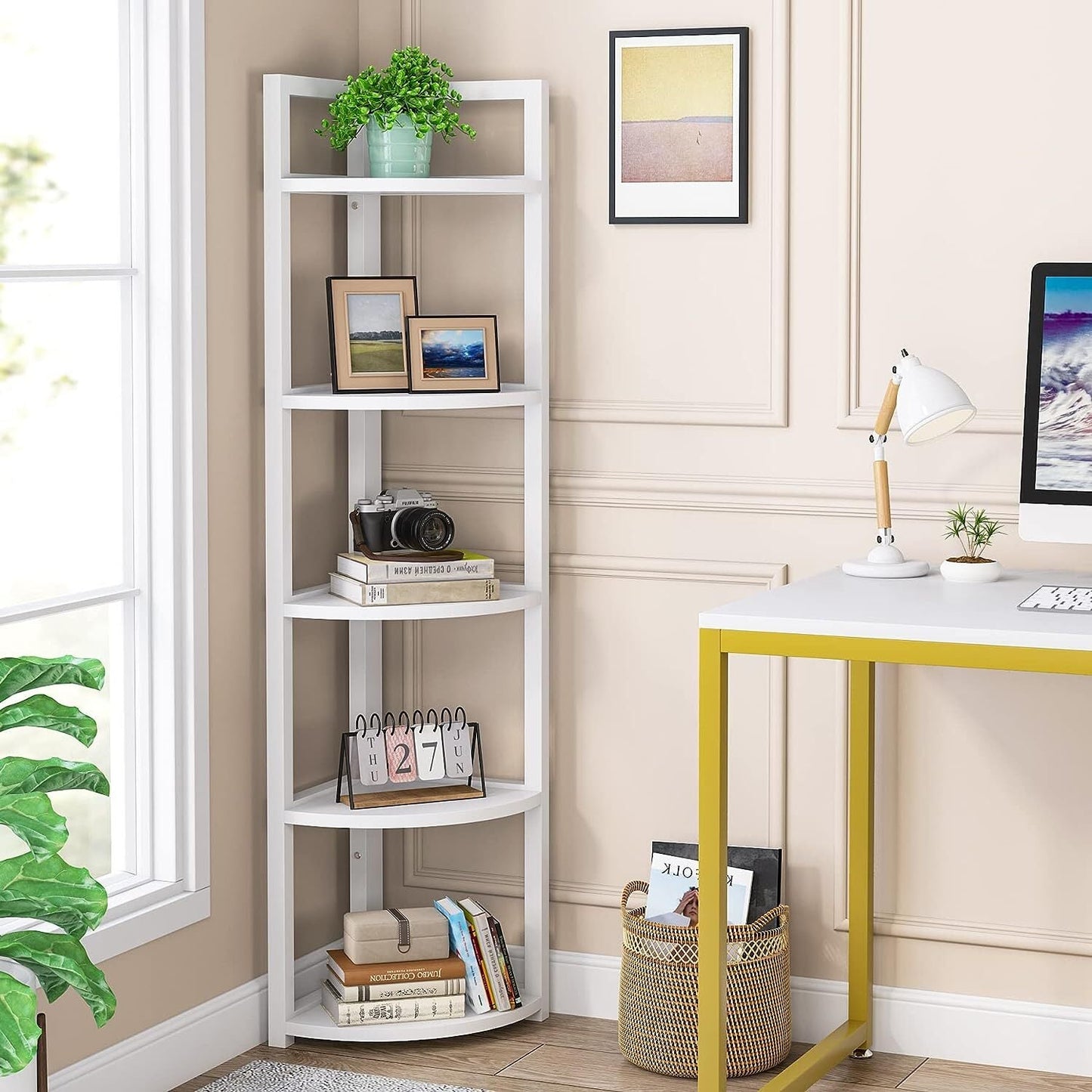 Optima 5 Tier Wood & Steel Corner Shelf Organizer Unit (White)