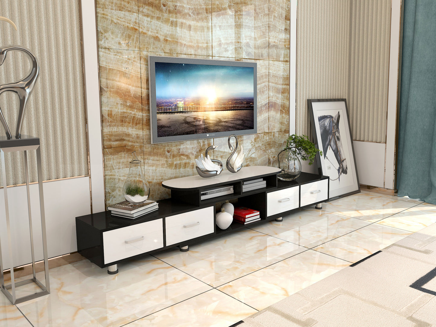 Luxe Large 4-Drawer Extendable TV Cabinet (High Gloss White & Black)