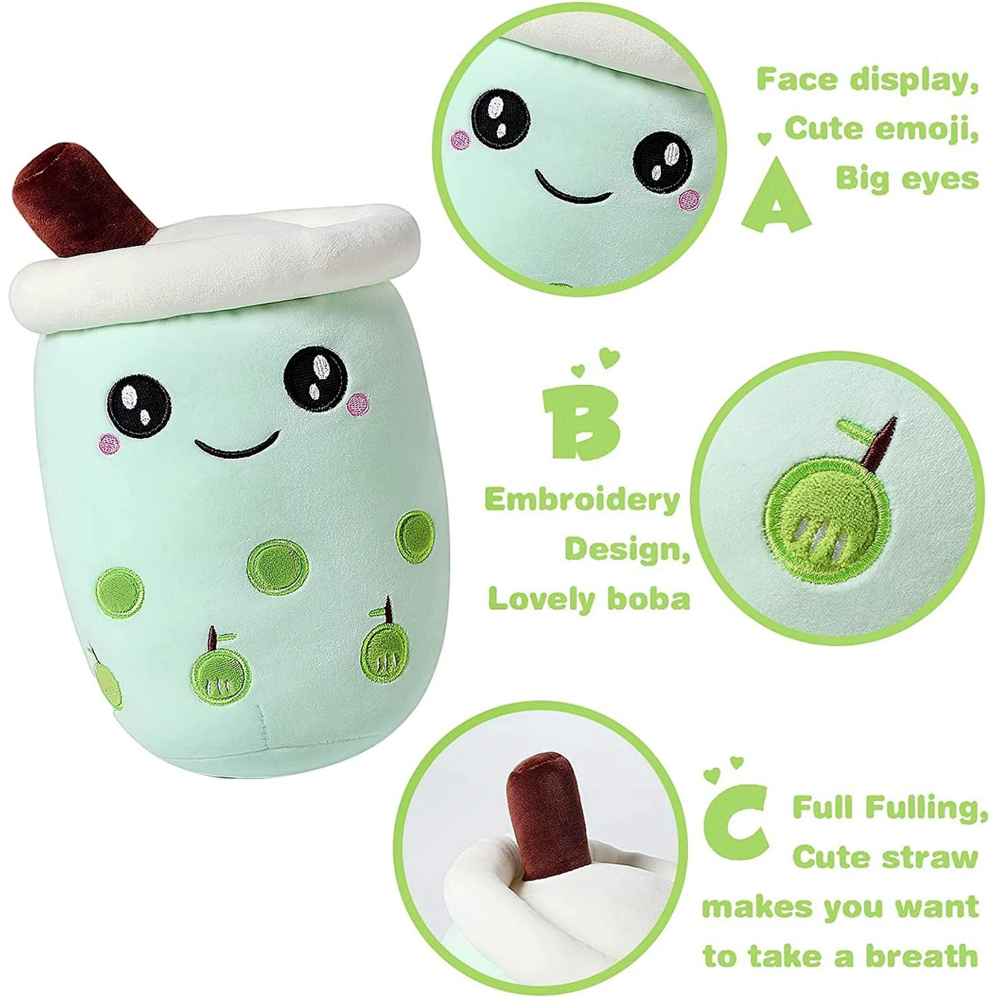 Bubble Tea Plush Toy Boba Cuddly Doll Pillow Cushion - 35cm, Green