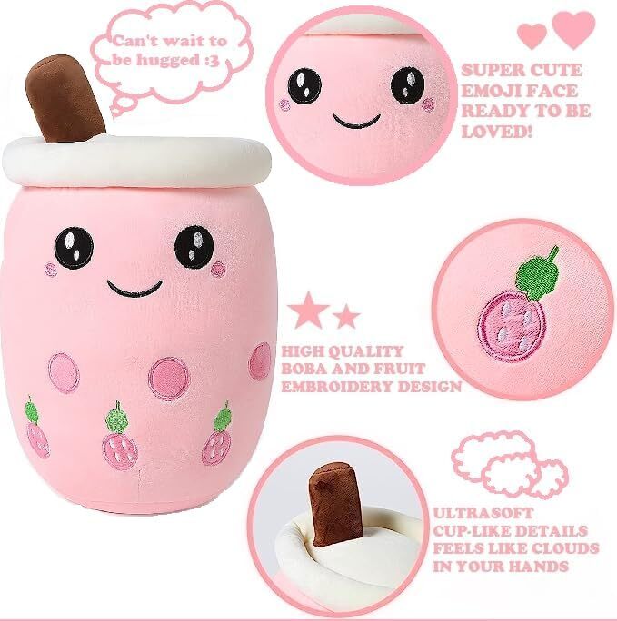 Bubble Tea Plush Toy Boba Cuddly Doll Pillow Cushion - 35cm, Pink