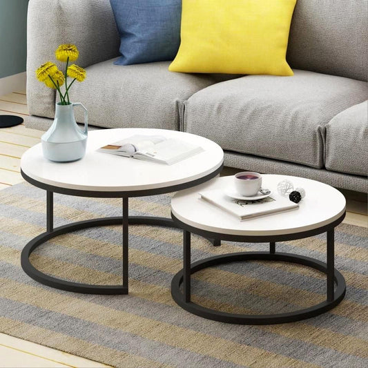 2-Piece Designer Nesting Round Coffee Table Set (White & Black)