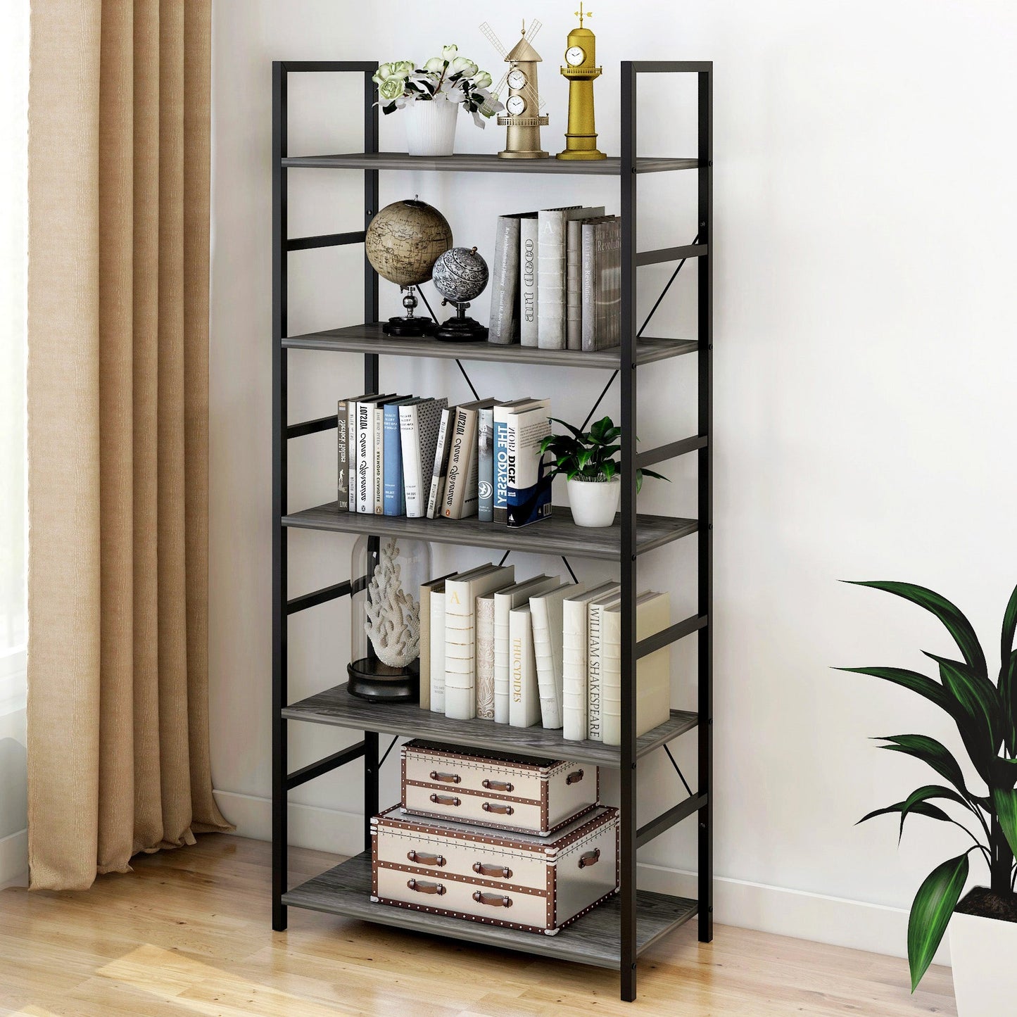 5 Tier Multifunction Heavy Duty Bookcase Wood & Steel Storage Shelf Organizer (Driftwood Grey)