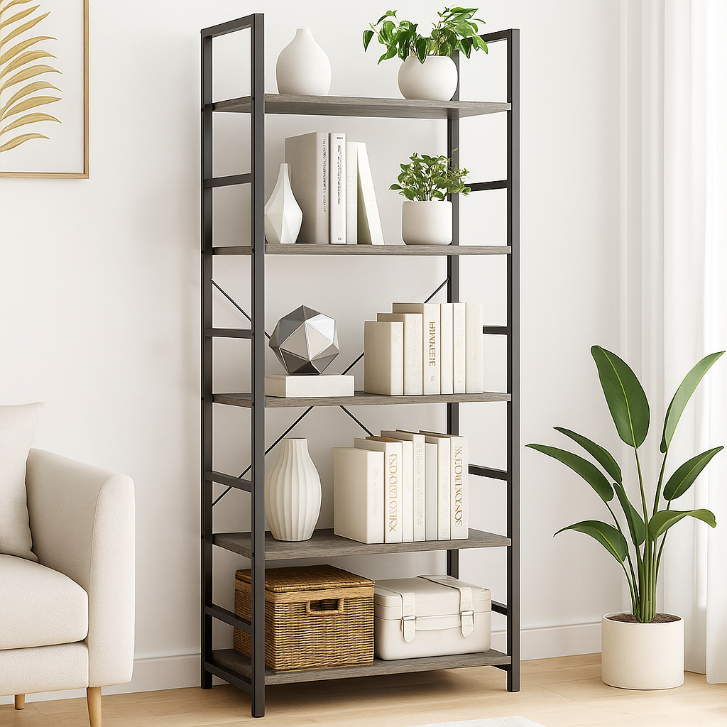 5 Tier Multifunction Heavy Duty Bookcase Wood & Steel Storage Shelf Organizer (Driftwood Grey)