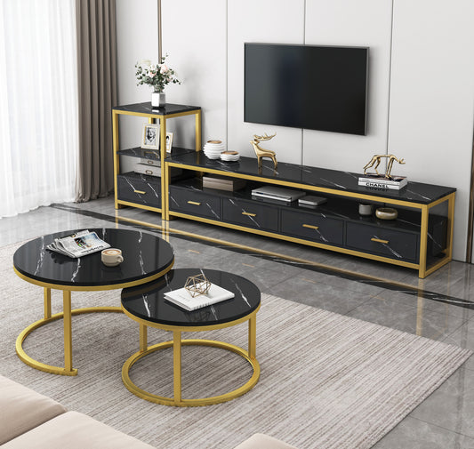 3-Piece Set Synergy Luxury Marble Look Coffee Table, TV Cabinet & Side Table (Black) - OUT OF STOCK