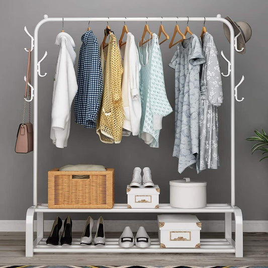 Large Coat Hanging Stand Wardrobe Clothes Hanger Rack with Shelf (White)