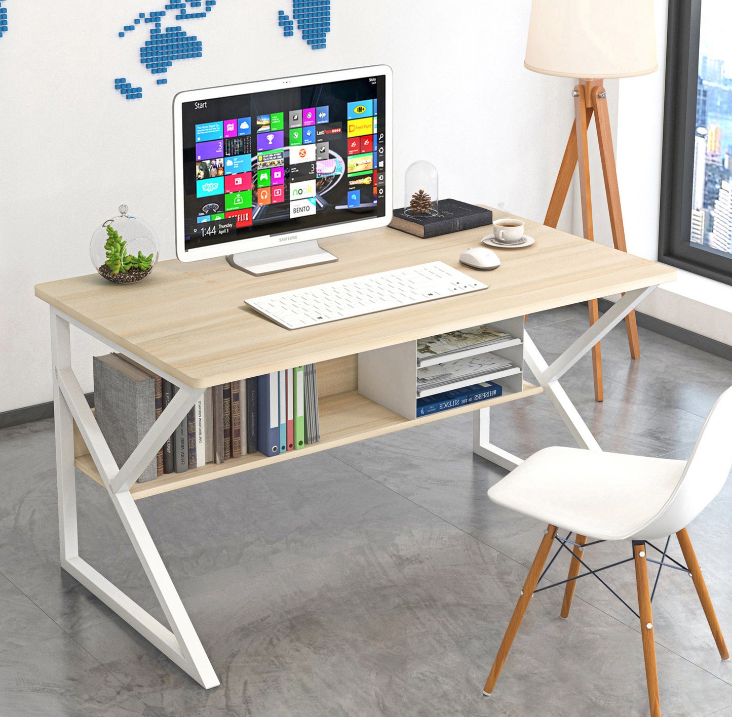 Kori Wood & Metal Computer Desk with Shelf (White) - Small 80cm