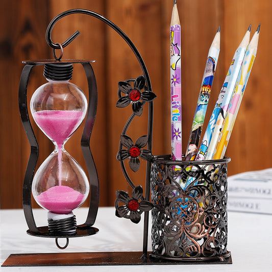 Pink Sand Hourglass with Pen Holder Home Décor Gift