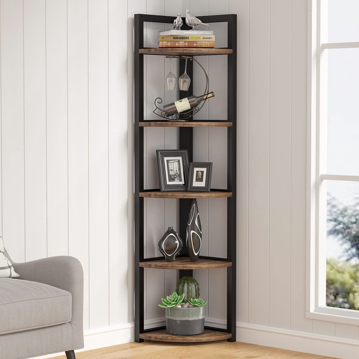 Deluxe Rustic 5 Tier Large Stylish Wooden Corner Shelf Unit