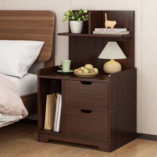 Harmony Tall Bed Side Table with Chest of Drawers and Shelf (Black Walnut)