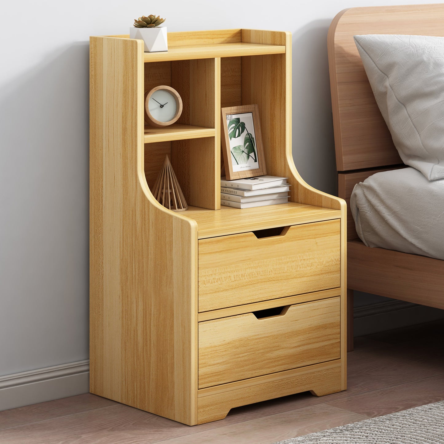 Twilight 2-Drawer Tall Bedside Table with Chest of Drawers and Shelves (Oak)