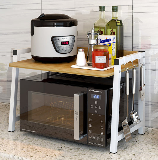 Multipurpose Storage Shelf Kitchen Microwave Stand Cabinet (Natural Oak & White Steel Frame)